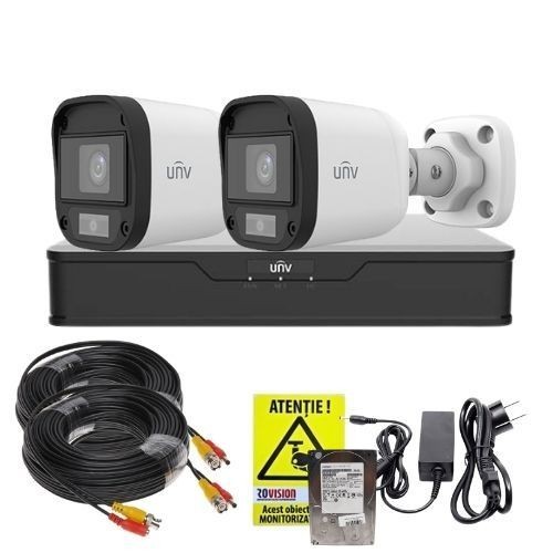 Sistem supraveghere complet 2 camere Uniview, Imagini color noaptea, 5MP 2K+, Lumina Alba 20m, DVR, Accesorii montaj, HDD 500GB SafetyGuard Surveillan