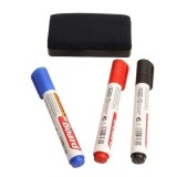 Cumpara ieftin Set markere whiteboard reutilizabile, 3 culori, negru, rosu si albastru, cu burete pentru tabla magnetica, markere 14 cm, stergere usoara