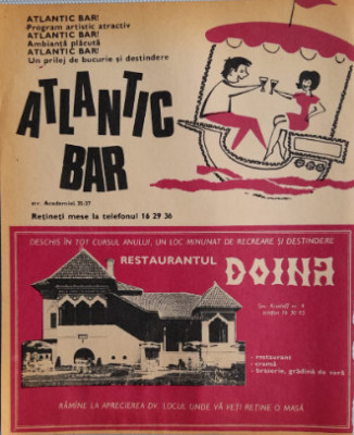 1971 Reclamă ATALANTIC BAR, Restaurant DOINA Buc comunism, epoca aur, 24 x 20 cm foto