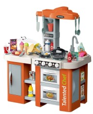 Bucatarie pentru copii WePro Store, circuit de apa real, cuptor si plita, sunete si lumini, accesorizata complet, 67 piese, Portocalie, 3 ani +