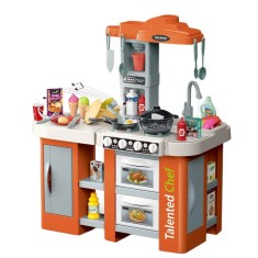 Bucatarie pentru copii WePro Store, circuit de apa real, cuptor si plita, sunete si lumini, accesorizata complet, 67 piese, Portocalie, 3 ani +