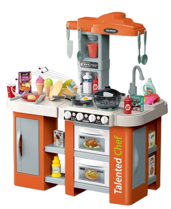 Bucatarie pentru copii WePro Store, circuit de apa real, cuptor si plita, sunete si lumini, accesorizata complet, 67 piese, Portocalie, 3 ani +