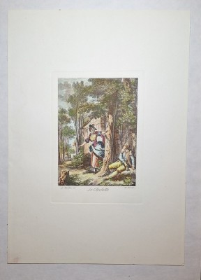 Gravură colorată &amp;bdquo;La Clochette&amp;rdquo;, după Le Barbier, Paris circa 1780 &amp;ndash; ediție de atelier secol XIX foto