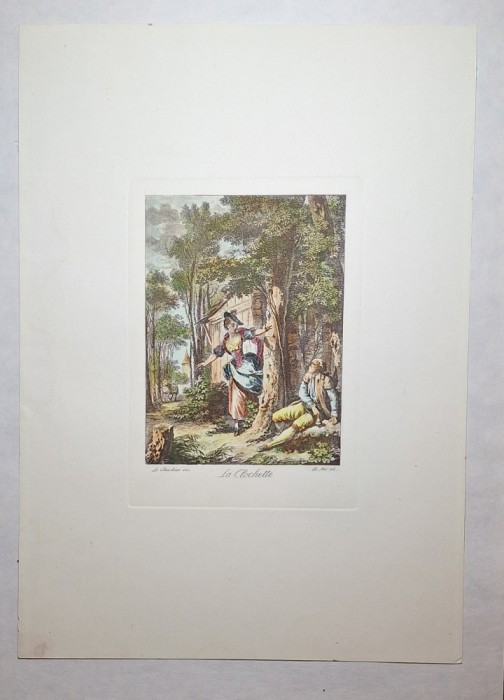 Gravură colorată &bdquo;La Clochette&rdquo;, după Le Barbier, Paris circa 1780 &ndash; ediție de atelier secol XIX