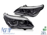 Kit de faruri tuning cu ochi de &icirc;nger LED 3D, potrivit pentru BMW Seria 5 E60 sedan, E61 touring 2003-2007 cu baza neagra, stanga si dreapta, pentru m