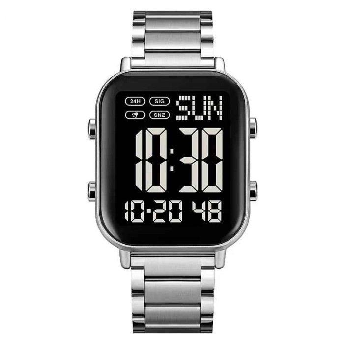 Ceas Barbati SKMEI 1859 , Digital, Carcasa Neagra, Bratara Inox Argintie, LED, Cronometru, Waterproof