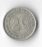 Moneda 20 cents 1889 - Mauritius, 2,33 g argint 0,800, tiraj: 250000