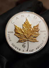 Moneda Argint 999.1 uncie.Canada 2020.Maple Leaf privy mark Snake.Gold finish. foto