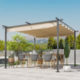 Outsunny Foisor Acoperis de Gradina Parasolar Retractabil Rama Neagra Perdea Bej 350 x 350 x 230cm