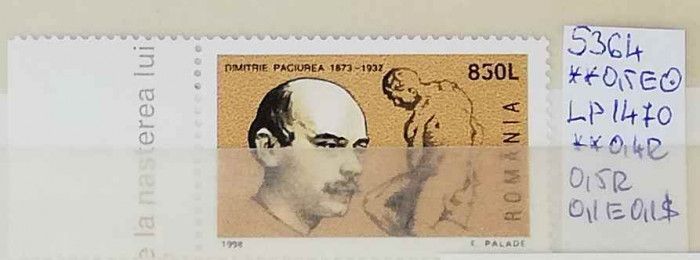 1998 125 ani de la nasterea lui Dimitrie Paciurea LP1470 MNH Pret 0,7+1 Lei