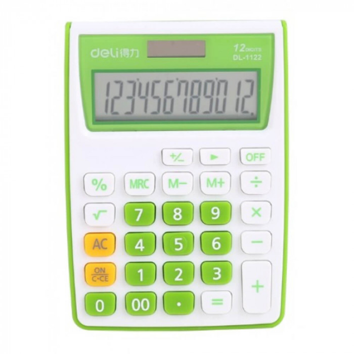 Calculator de Buzunar Deli 1122, 12 Digits, Alb/Verde, Alimentare Dubla, Calculator Buzunar, Calculator de Buzunar, Calculator Buzunar 12 Digits, Calc