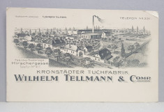 KRONSTADTER TUCHFABRIK WILHELM TELLMANN und COMP. , FABRICA DE PANZA DIN BRASOV , VEDERE GENERALA , RECLAMA , CARTE POSTALA ILUSTRATA , PERIOADA INTER foto