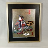 Tablou gravura japoneza pe foita Argint, decor, vintage