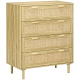 HOMCOM Comodă cu 4 Sertare &icirc;n Stil Boho, Comodă din Lemn și Ratan pentru Dormitor și Hol, 90x45x108,5 cm, Stejar | Aosom Romania