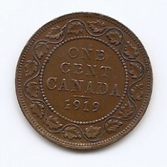 Canada 1 Cent 1919 - George V (with "DEI GRA") Bronz, 25.5 mm KM-21