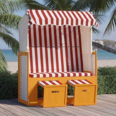 vidaXL Scaun de plajă cu baldachin, roșu/alb, poliratan și lemn masiv foto