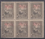1917/1918 TIMBRE DE AJUTOR FISCAL/POSTALE SUPRATIPAR MVIR BLOC DE 6 TIMBRE MNH, Nestampilat