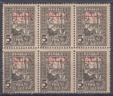 1917/1918 TIMBRE DE AJUTOR FISCAL/POSTALE SUPRATIPAR MVIR BLOC DE 6 TIMBRE MNH, Nestampilat