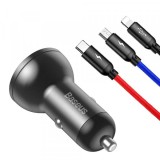 Incarcator Auto Cu Cablu Lightning - microUSB - USB-C Baseus Digital Display, 24W, 2.4A, 2 x USB-A, Gri TZCCBX-0G, Apple