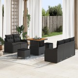 Set de Sofa de Grădină vidaXL cu Perne Negre din Ratan Polimer Acacia, Sofa de Grădină cu 2 Locuri vidaXL cu Perne Negre din Ratan Polimer, Set de Mas
