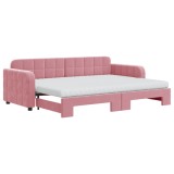 Cumpara ieftin Pat de zi cu extensie si saltea, roz, 80x200 cm, catifea