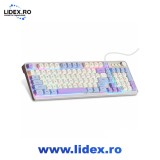 Tastatura Mecanica cu fir Gaming, SDLOGAL&reg;,98 taste, 28 taste Anti-Ghosting, Taste Iluminate Rainbow LED, silcent, albastru