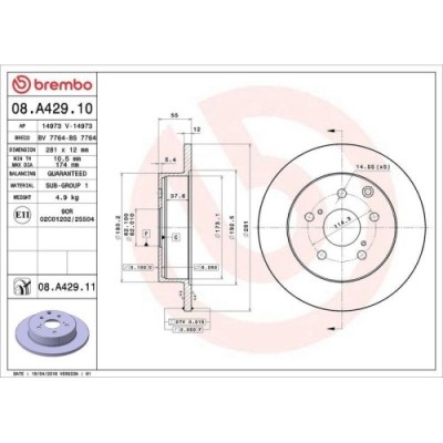 Set disc frana Lexus Hs (Anf10) 07.09-01.18; Toyota Rav 4 3 ( A3) 06.05-08.14, Rav 4 4 ( A4) 12.12-09.19, Rav 4 4 Van ( A4) 12.12-, Spate, 281X12mm, foto