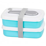 Cutie, caserola alimente, plastic, etansa, albastru, 2 compartimente, cu lingura/furculita, 1 L, 20.8x13.5x12.4 cm, MagicHome, Magic Home