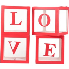 Set 4 Cutii pentru Baloane, Cyrax, Model Scris Love, Tematica Iubire, Cuburi Decorative din Plastic, Accesorii pentru Petrecere, 30x30 cm, Transparent