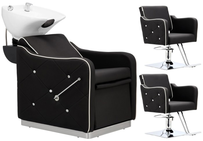 Set Profesional Salon: Spălătorie + 2 Scaune Hidraulice Rotative cu Suport Picioare, Chiuvetă Ceramică și Accesorii Premium