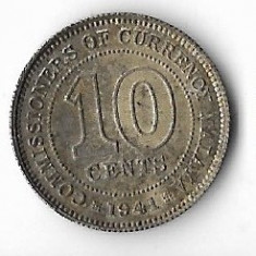 Moneda 10 cents 1941 - Malaya, 2,71 g argint 0,720