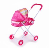 Carucior papusi cu landou, pliabil, model roz cu dungi multicolore, 57x48x29 cm, Oem