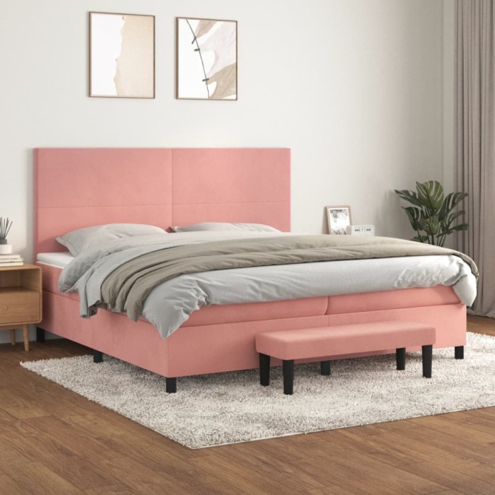 vidaXL Pat box spring cu saltea, roz, 200x200 cm, catifea 3137748