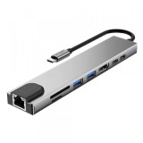 Hub USB-C Tech-Protect HB09, 2 x USB-A 3.0 - 2 x USB-C - 1 x HDMI - 1 x RJ45 - 1 x SD - 1 x microSD, Gri