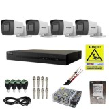 Kit complet supraveghere 5 MP Hikvision Turbo HD cu 4 camere Bullet IR 30 m, alimentator, cabluri, mufe, HDD 1 Tb, vizualizare pe internet SafetyGuard