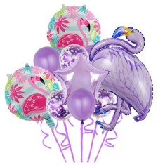 Set baloane party aniversare, flippy, din folie de aluminiu si latex, set din 10 baloane flamigo party, 1 stea, 5 baloane latex, 2 rotunde, 60 -90 cm,