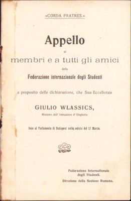 A2614N Lucian Bolcaș, vicepreședinte Corda Fratres, 1902, Appello ai membri e a tutti gli amici della Federazione ... foto