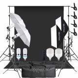 Cumpara ieftin Studio Complet Foto Video cu 4 Trepiezi 2 Softbox cu Becuri 150W, 2 Umbrele cu Becuri 120W si Telecomanda, Suport Fundal Negru cu 4 Clame si 2 Genti T