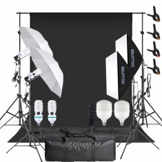 Studio Complet Foto Video cu 4 Trepiezi 2 Softbox cu Becuri 50W, 2 Umbrele cu Becuri 120W si Telecomanda, Suport Fundal Negru cu 4 Clame si 2 Genti Tr