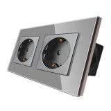 Priza schuko dubla Luxion LXD-2MP010G-GY, incastrat, contact de protectie, rama din sticla inclusa, gri