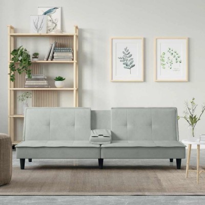 vidaXL Canapea extensibilă cu suporturi de pahar, gri deschis, catifea foto