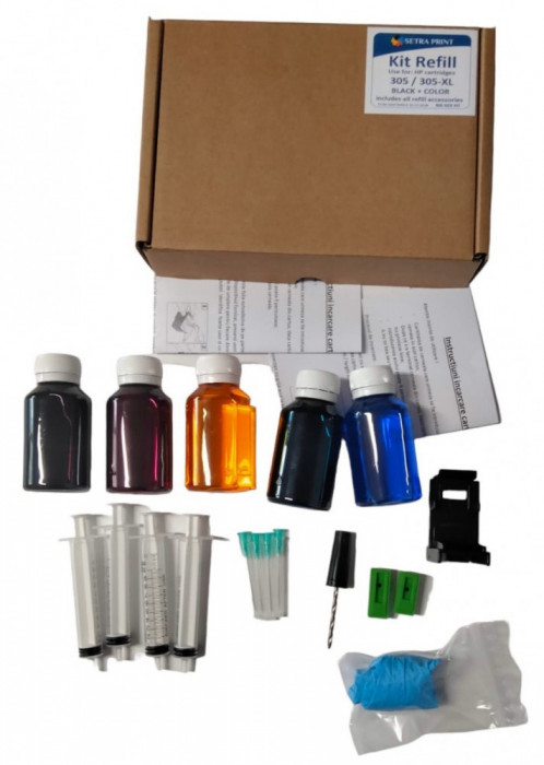 Set complet reumplere cartuse HP305, HP 305XL, negru si color, kit complet