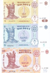 Bancnota Moldova 1, 5 si 10 Lei 2010-15 - P8h/PB22/P22 UNC ( set x3 ) foto