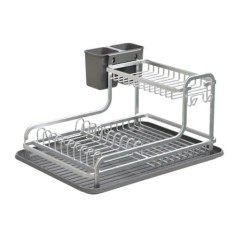 Suport uscator vase, cu suport detasabil pentru tacamuri, tava de scurgere, cu finisaj mat, cromat, argintiu