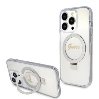 Husa pentru iPhone 15 Pro - Guess Ring Stand Script Glitter MagSafe (GUHMP15LHRSGSD) - Clear foto