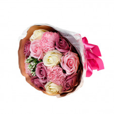 Buchet multicolor 11 Trandafiri si 2 Garoafe din sapun, roz foto