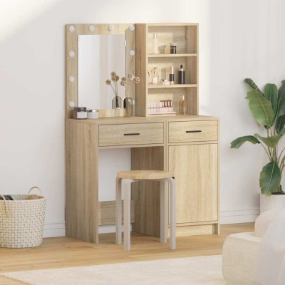 Set masă toaletă cu LED, 2 piese, stejar sonoma, lemn prelucrat foto