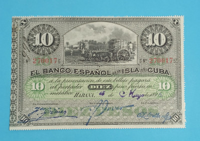 Cuba 10 Pesos 1896 &amp;#039;Banco Espanol&amp;#039; aUNC serie: 270017 foto