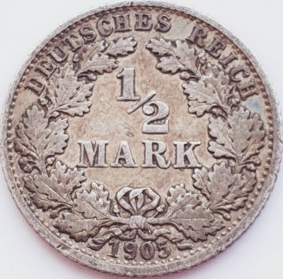 256 Germania &amp;frac12; Mark 1905 Wilhelm II (type 2 - small shield) - F km 17 argint foto