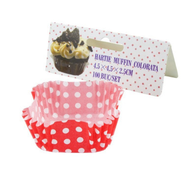 Set hartii pentru muffin, Patrate, Rosu cu buline,4.5x4.5x2.5 cm, 100 buc foto